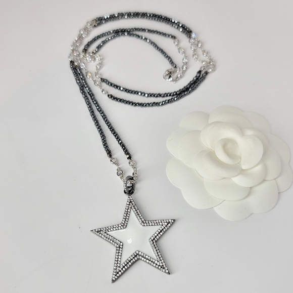 White Enamel Star Pave CZ long Hematite Necklace - Picture 10 of 11
